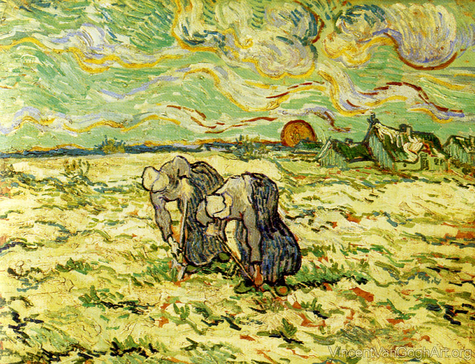 Two Peasant Women Digging in a Snow-Covered Field at Sunset